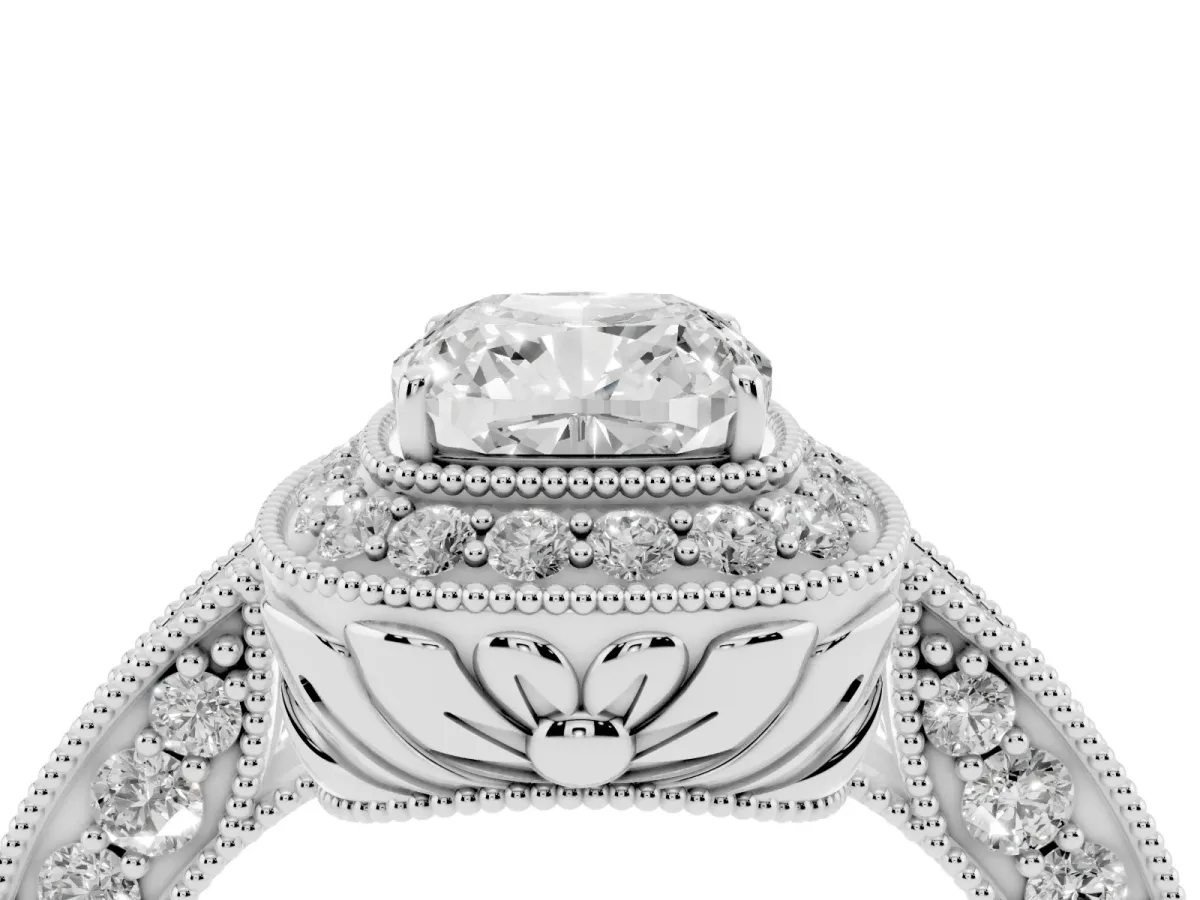 Cushion Cut Halo Diamond Split Shank Ring with Milgrain Detail Silver