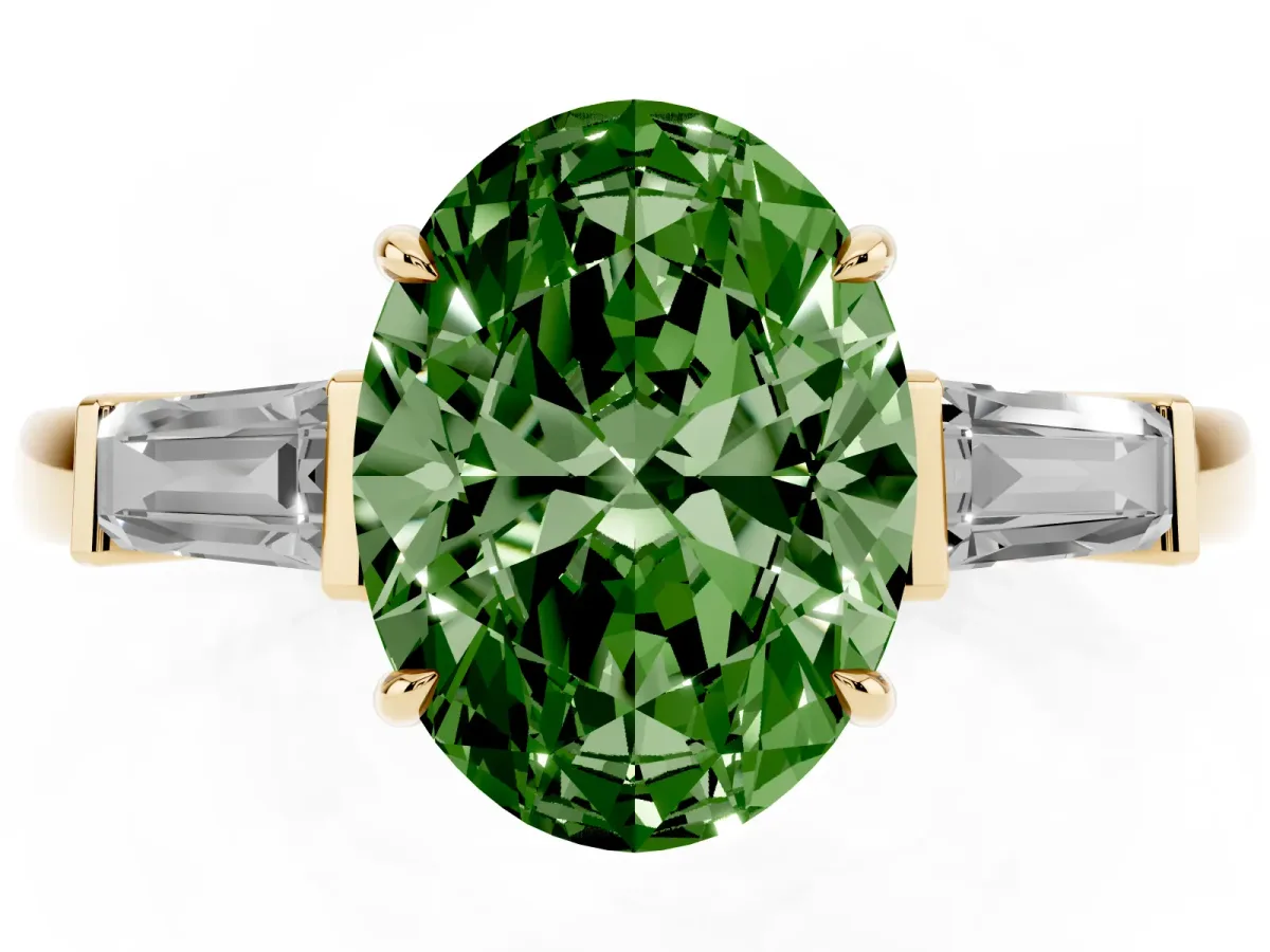 Fancy Green Oval Cut Diamond Three-Stone Ring with Tapered Baguette Side Stones and Prong Setting Yellow gold