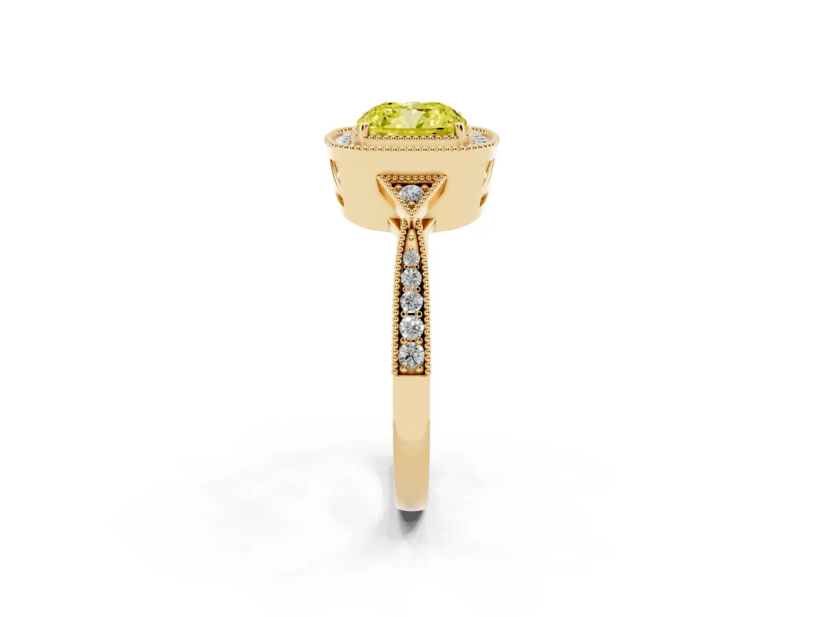 Fancy Yellow Cushion Cut Halo Round Diamond Milgrain Pave Engagement Ring Yellow gold