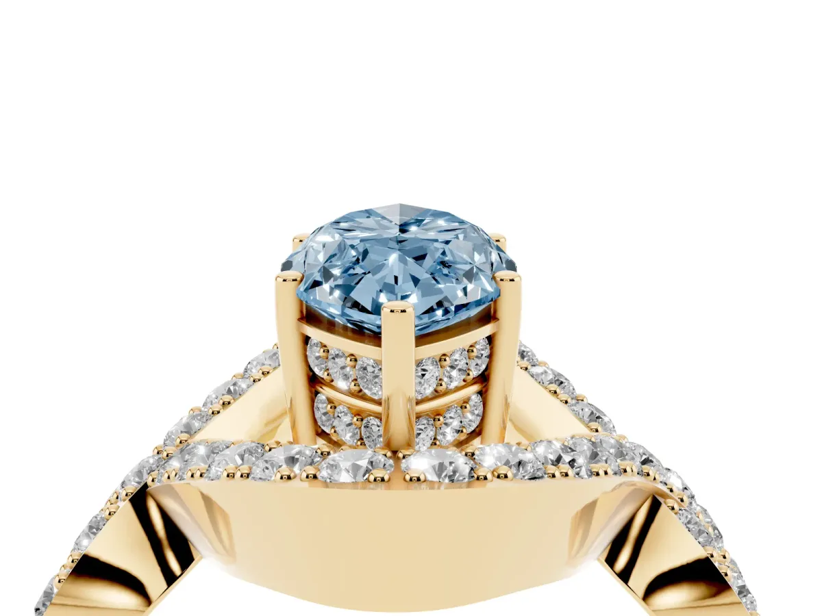 Fancy Blue Marquise Cut Solitaire Twist Band Pavé Diamond Engagement Ring Yellow gold