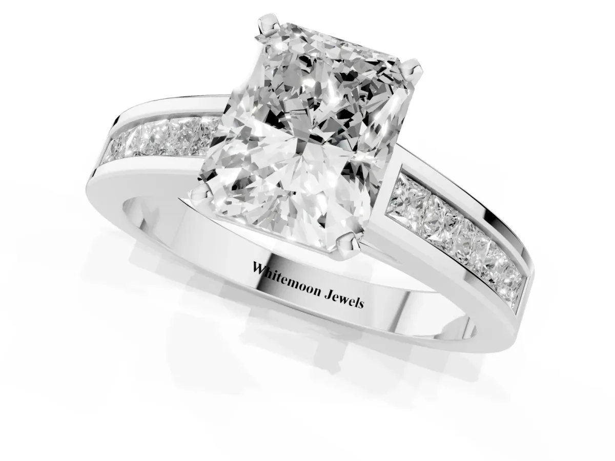 Radiant Cut Solitaire Diamond Ring with Channel-Set Band and Four-Prong Setting Platinum