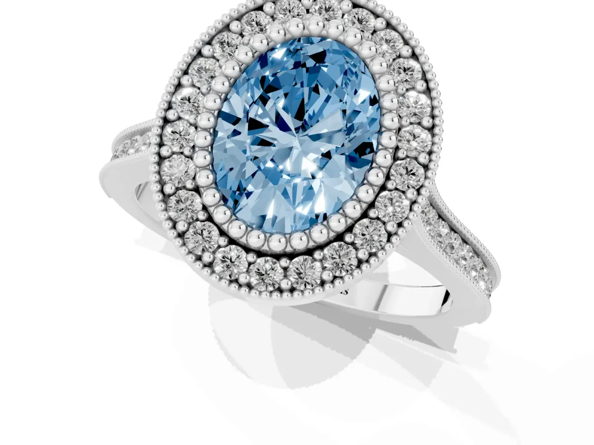 Fancy Blue Oval Cut Diamond Halo Ring with Milgrain Frame and Pavé Band Silver