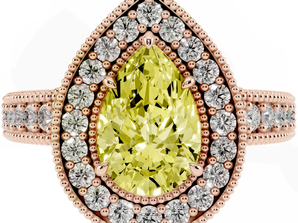 Fancy Yellow Pear Cut Cut Halo Diamond Ring with Pavé Band and Four-Prong Setting Rose gold