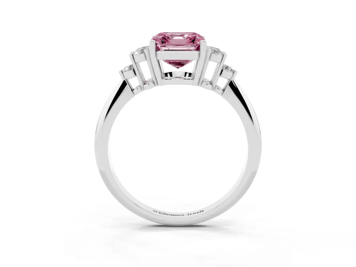 Fancy Pink Asscher Cut Cut Diamond Cluster Ring with Solitaire Band and Four-Prong Setting Silver
