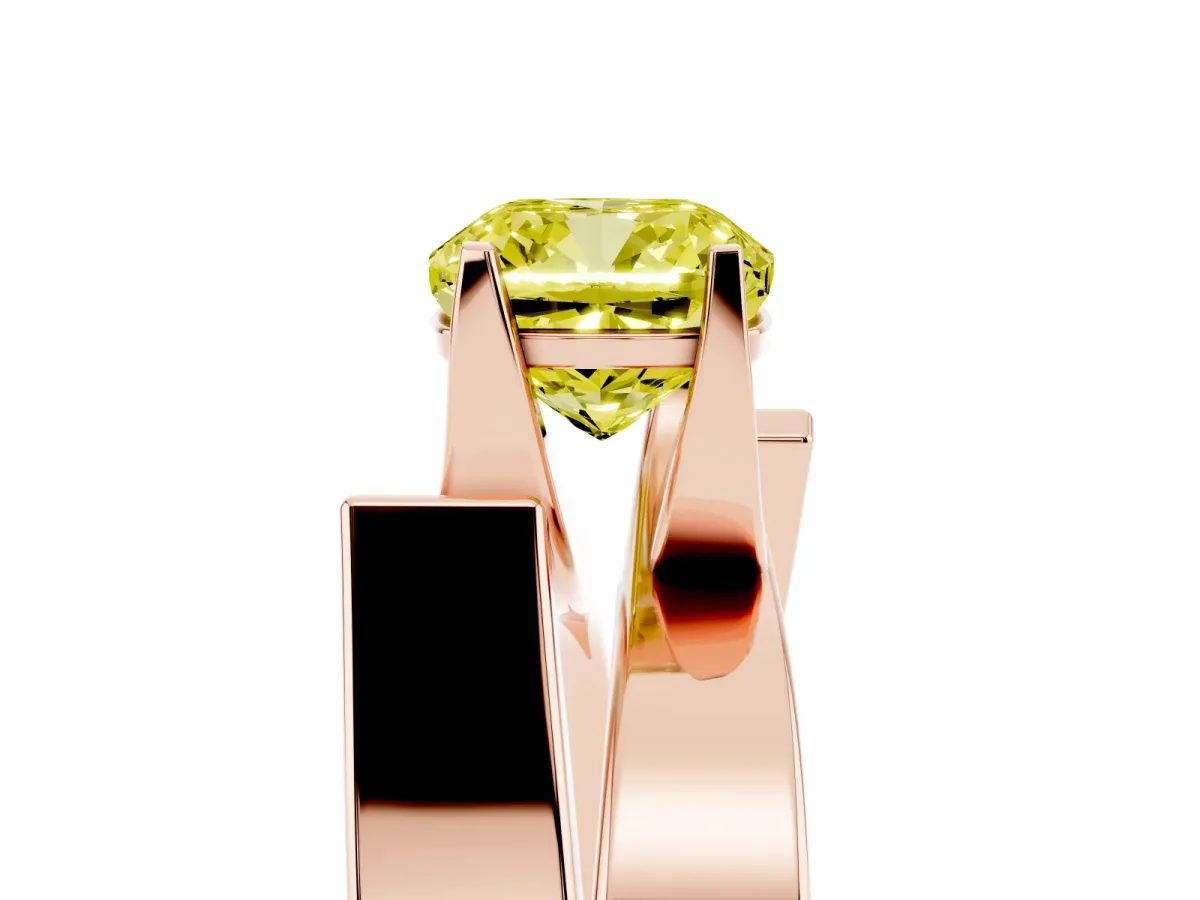 Fancy Yellow Modern Tension Set Cushion Cut Diamond Solitaire Wide Band Ring Rose gold