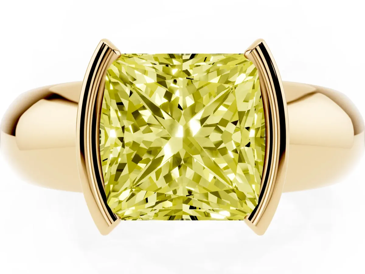 Fancy Yellow Princess Cut Solitaire Tension Set Diamond Ring with Wide Band Yellow gold