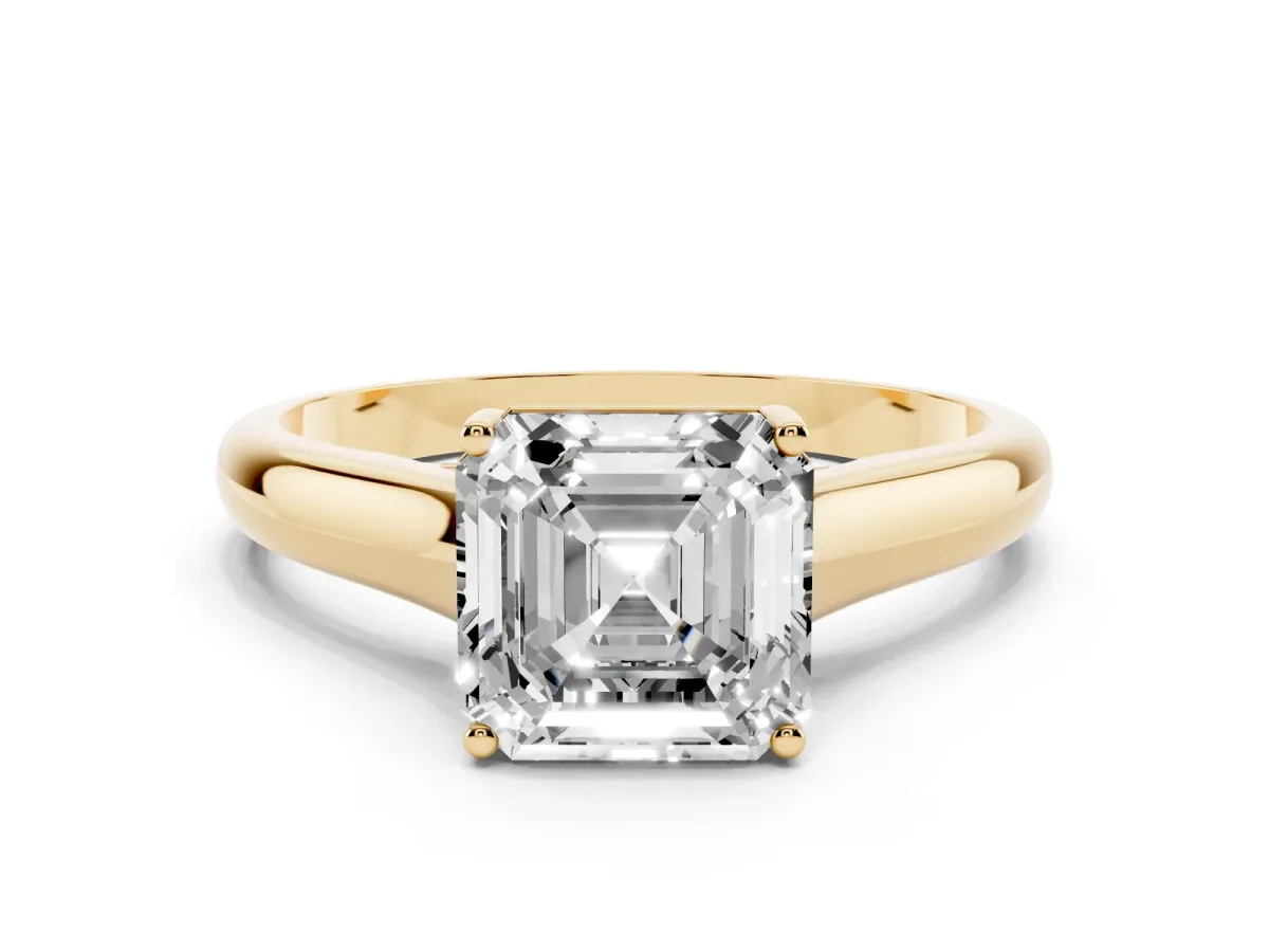 Asscher Cut Solitaire Engagement Ring with Tapered Band and Four-Prong Setting Yellow gold