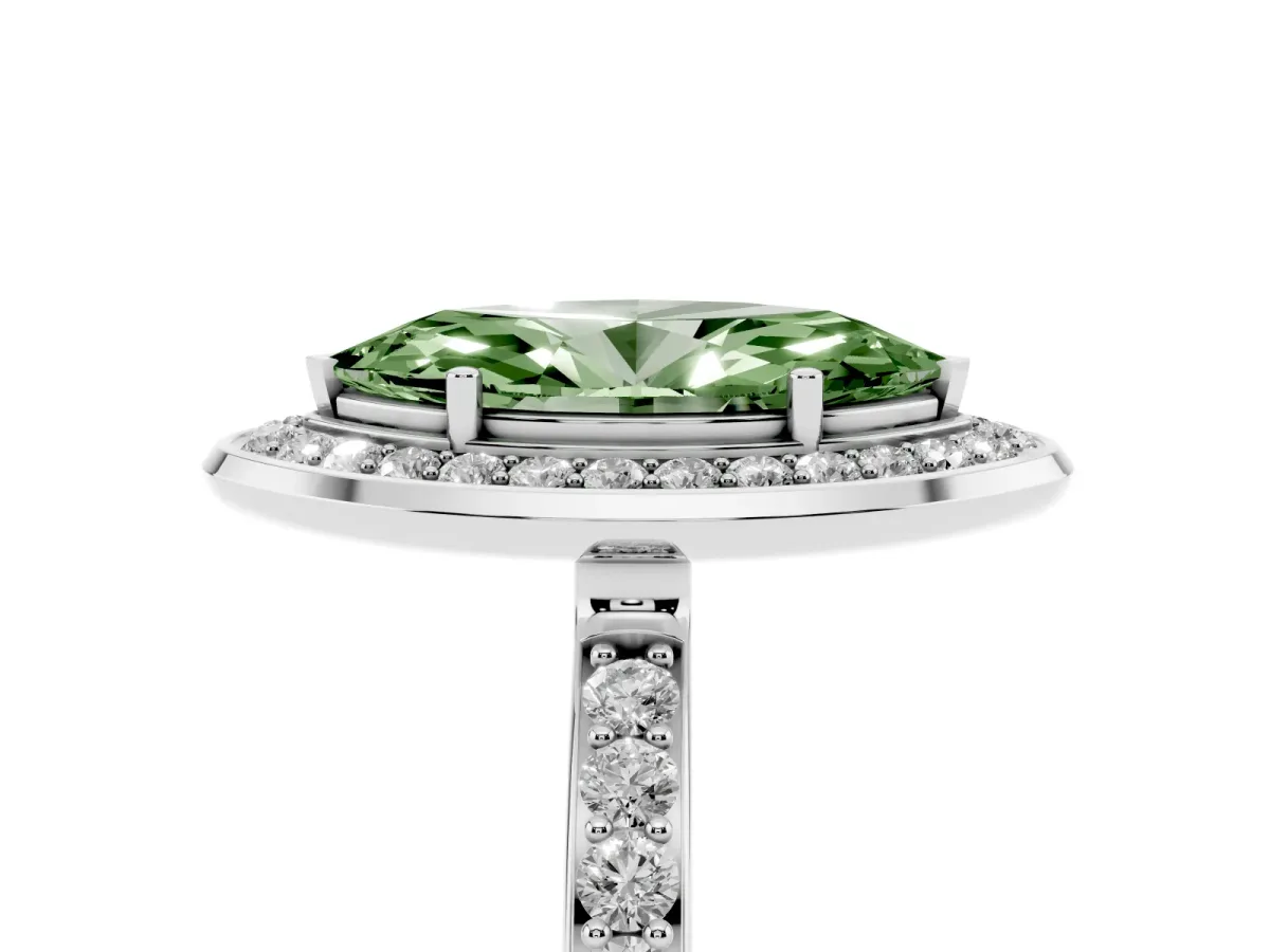 Fancy Green Marquise Cut Diamond Halo Ring with Bezel Frame and Pavé Band Silver