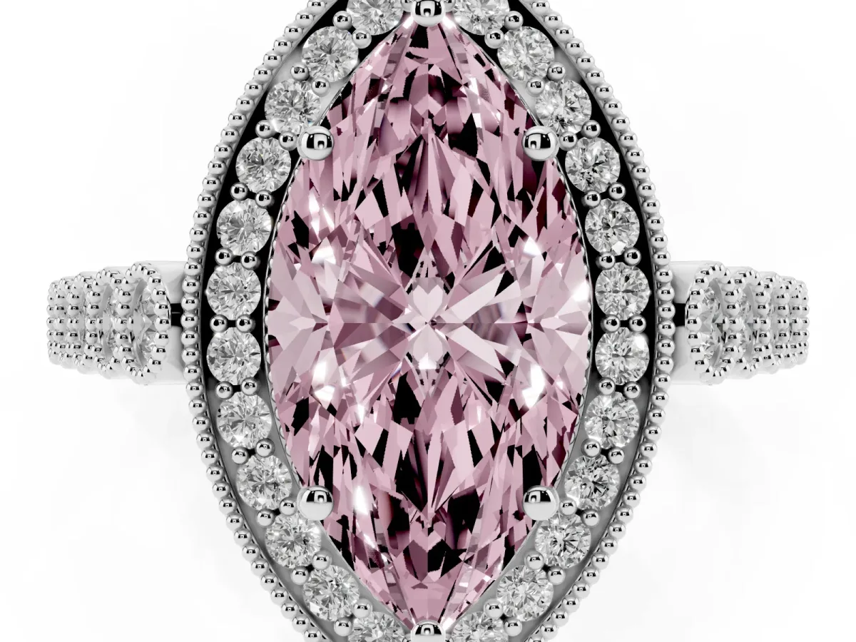 Fancy Pink Marquise Cut Halo Milgrain Solitaire with Bezel Set Side Stones and Pave Band White gold