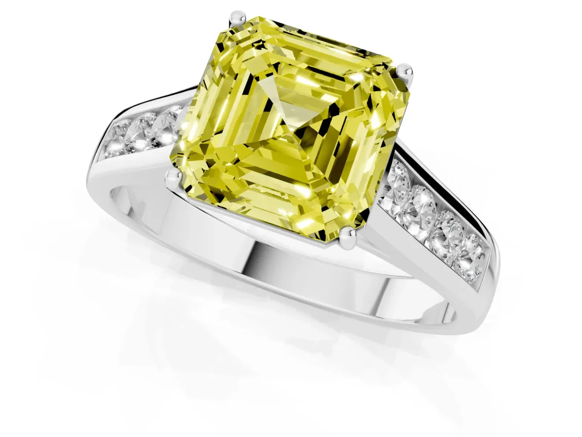 Fancy Yellow Asscher Cut Brilliant Channel-Set Solitaire Ring with Four-Prong Setting Silver
