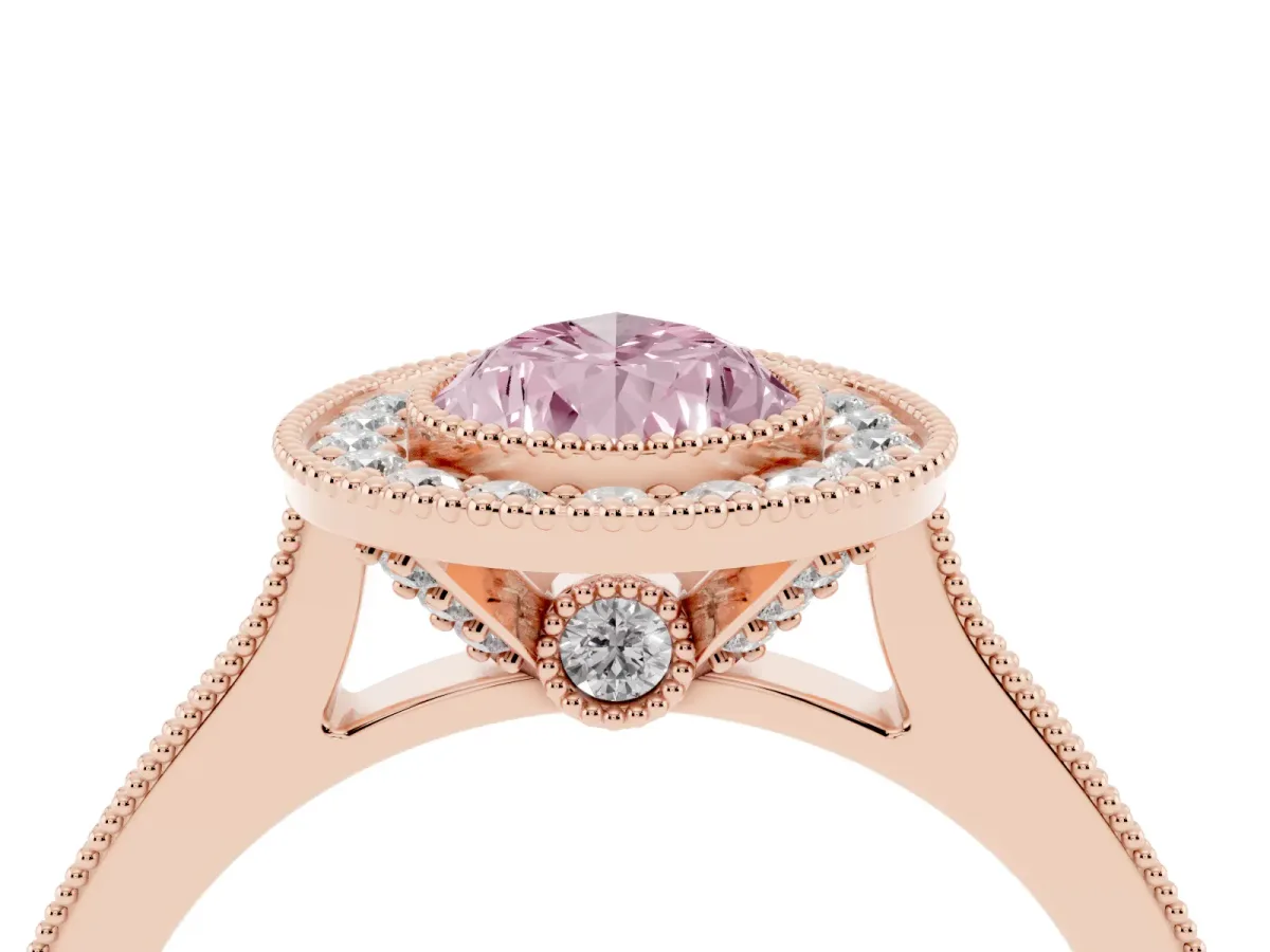 Fancy Pink Halo Pear Cut-Cut Diamond Pave Band Milgrain Prong Setting Ring Rose gold