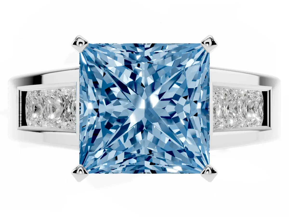 Fancy Blue Princess Cut Cut Channel Set Solitaire Ring with Four-Prong Setting Silver