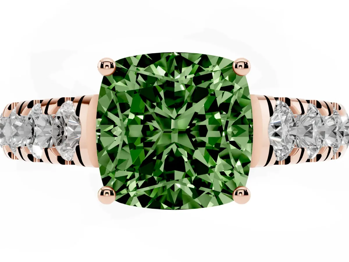 Fancy Green Cushion Cut Cut Diamond Solitaire Ring with Micro Pave Band and Prong Setting Rose gold