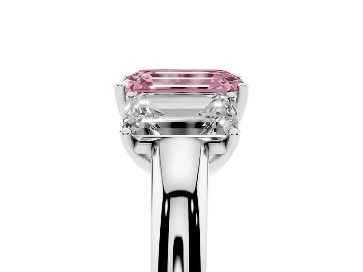 Fancy Pink Emerald Cut Diamond Three-Stone Ring with Four-Prong Setting and Classic Band Silver