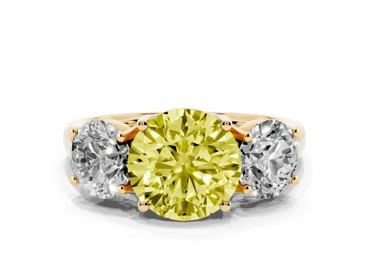 Fancy Yellow Three-Stone Round Cut Diamond Engagement Ring with Prong Setting Yellow gold