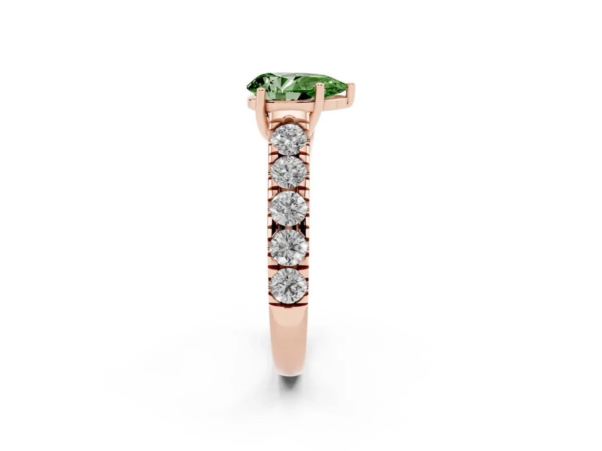Fancy Green Pear Cut Cut Diamond Solitaire Ring with Micro Pave Band and Prong Setting Rose gold