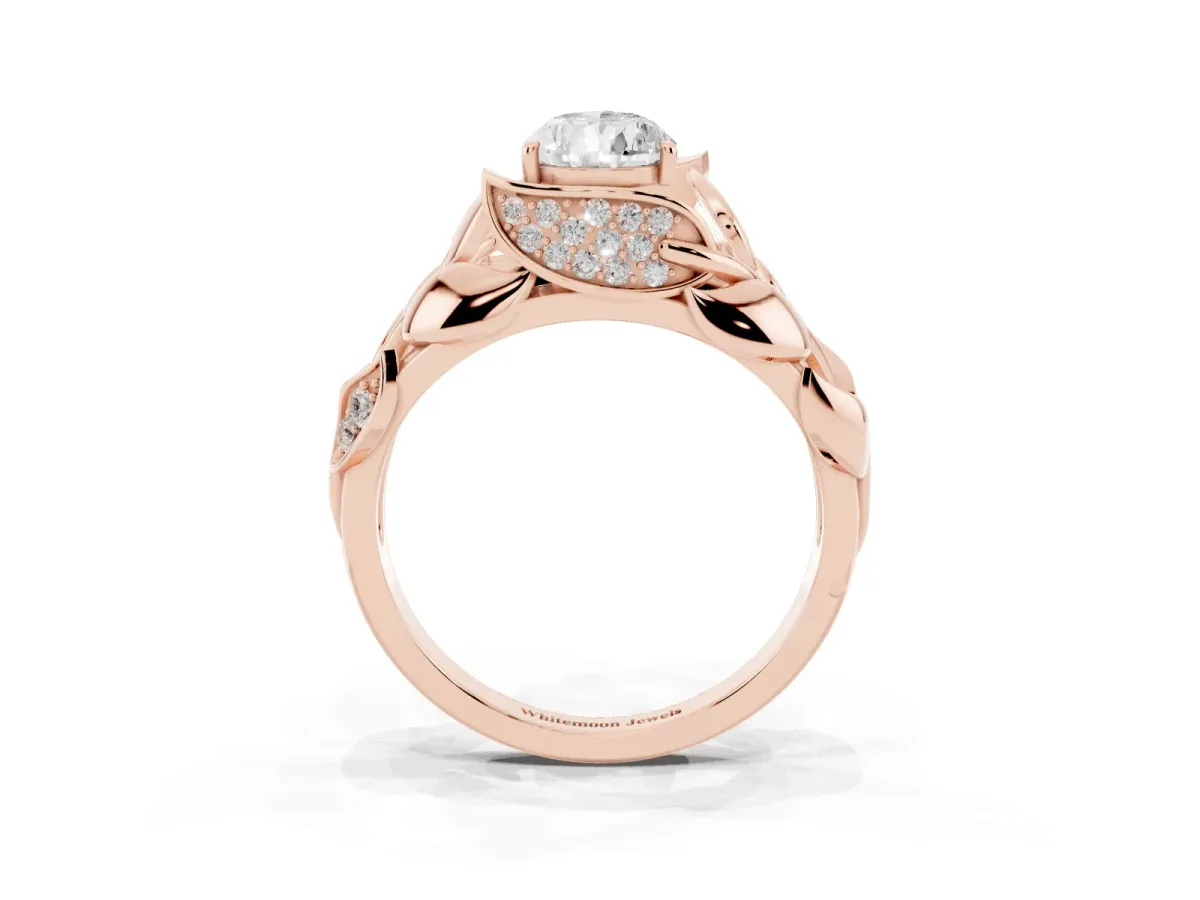 Pear Cut Diamond Leaf-Inspired Engagement Ring with Round Accents and Prong Setting Rose gold