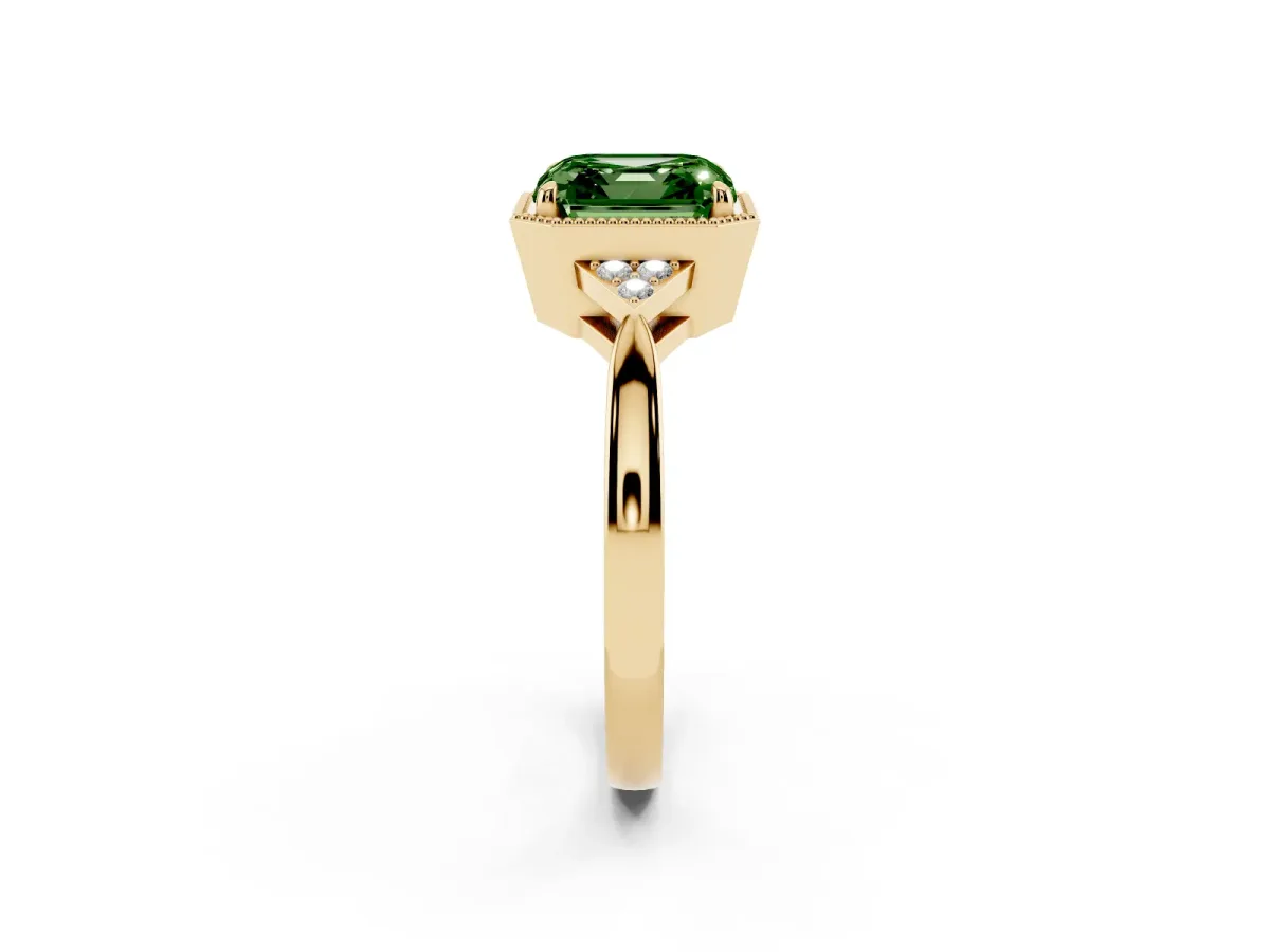 Fancy Green Asscher Cut Diamond Halo Ring with Tapered Band and Four-Prong Setting Yellow gold