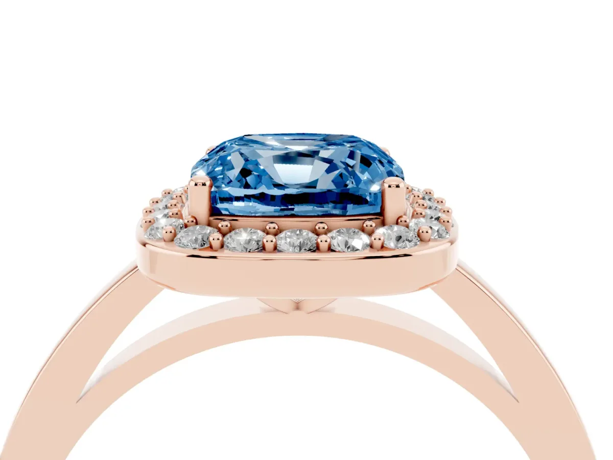 Fancy Blue Cushion Cut Halo Diamond Ring with Solitaire Band and Prong Setting Rose gold