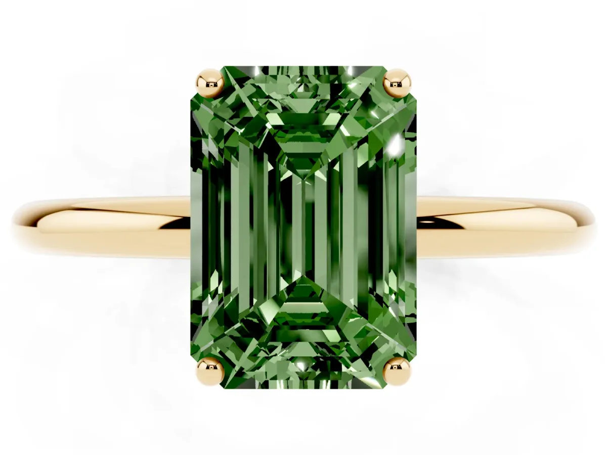 Fancy Green Emerald Cut Solitaire Diamond Ring with a Classic Band and Four-Prong Setting Yellow gold
