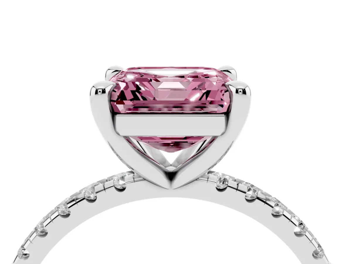 Fancy Pink Asscher Cut Diamond Brilliant Solitaire Ring with Pavé Band and Four-Prong Setting Silver