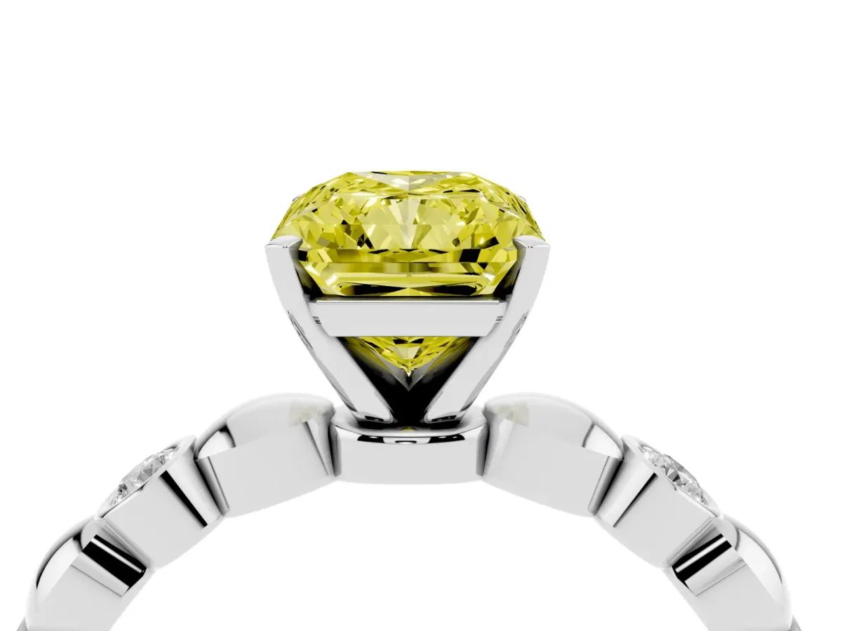 Fancy Yellow Radiant Cut Solitaire Bezel-Set Diamond Ring with Beaded Band and Four-Prong Setting Silver