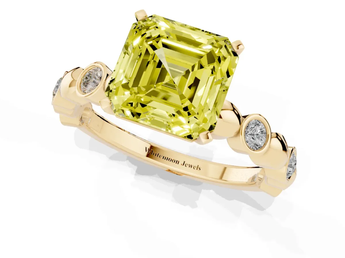 Fancy Yellow Asscher Cut Solitaire Bezel-Set Diamond Ring with Beaded Band and Four-Prong Setting Yellow gold