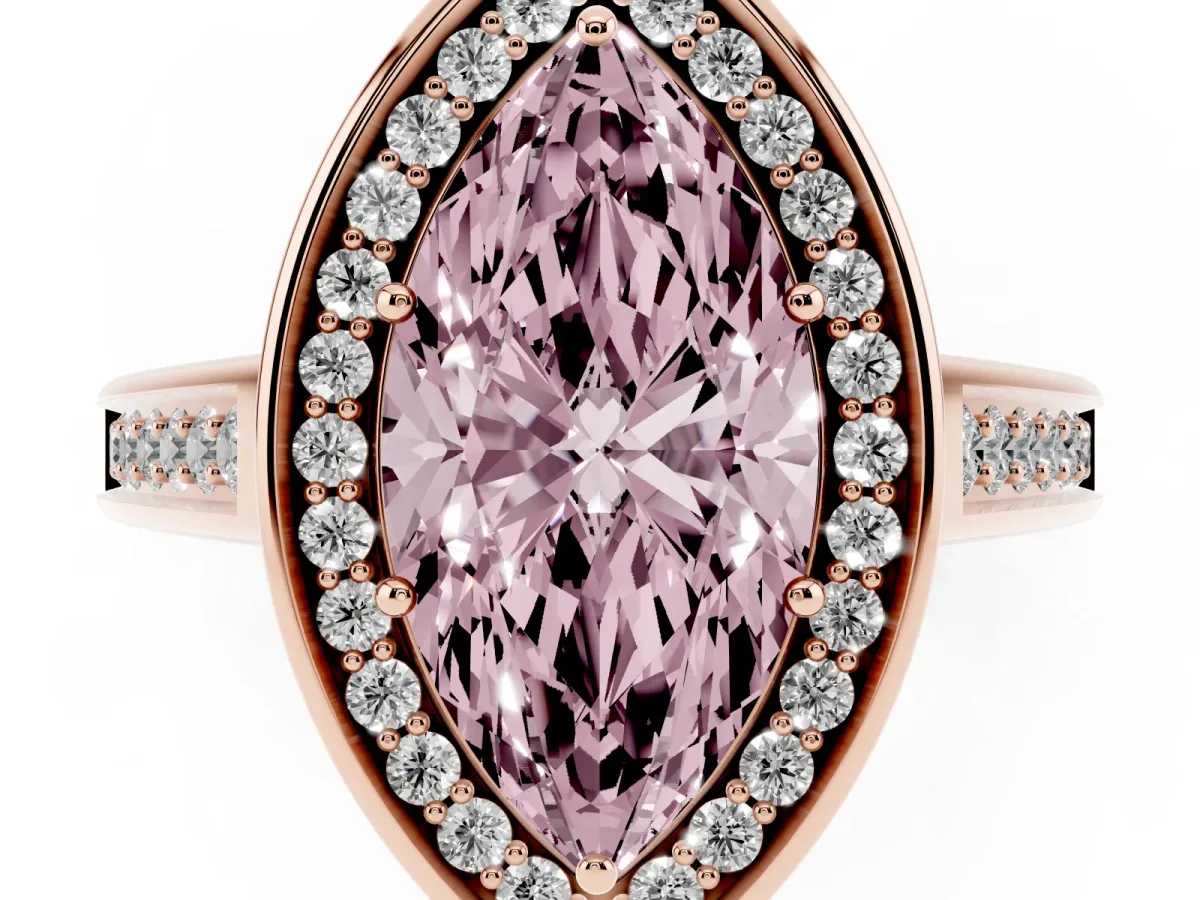 Fancy Pink Marquise Cut Halo Solitaire Diamond Ring with Pave Band and Bezel Setting Rose gold