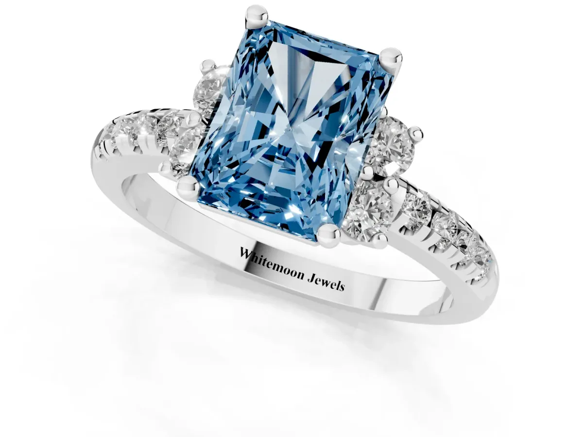 Fancy Blue Radiant Cut Diamond Three-Stone Pave Band with Four-Prong Setting Silver