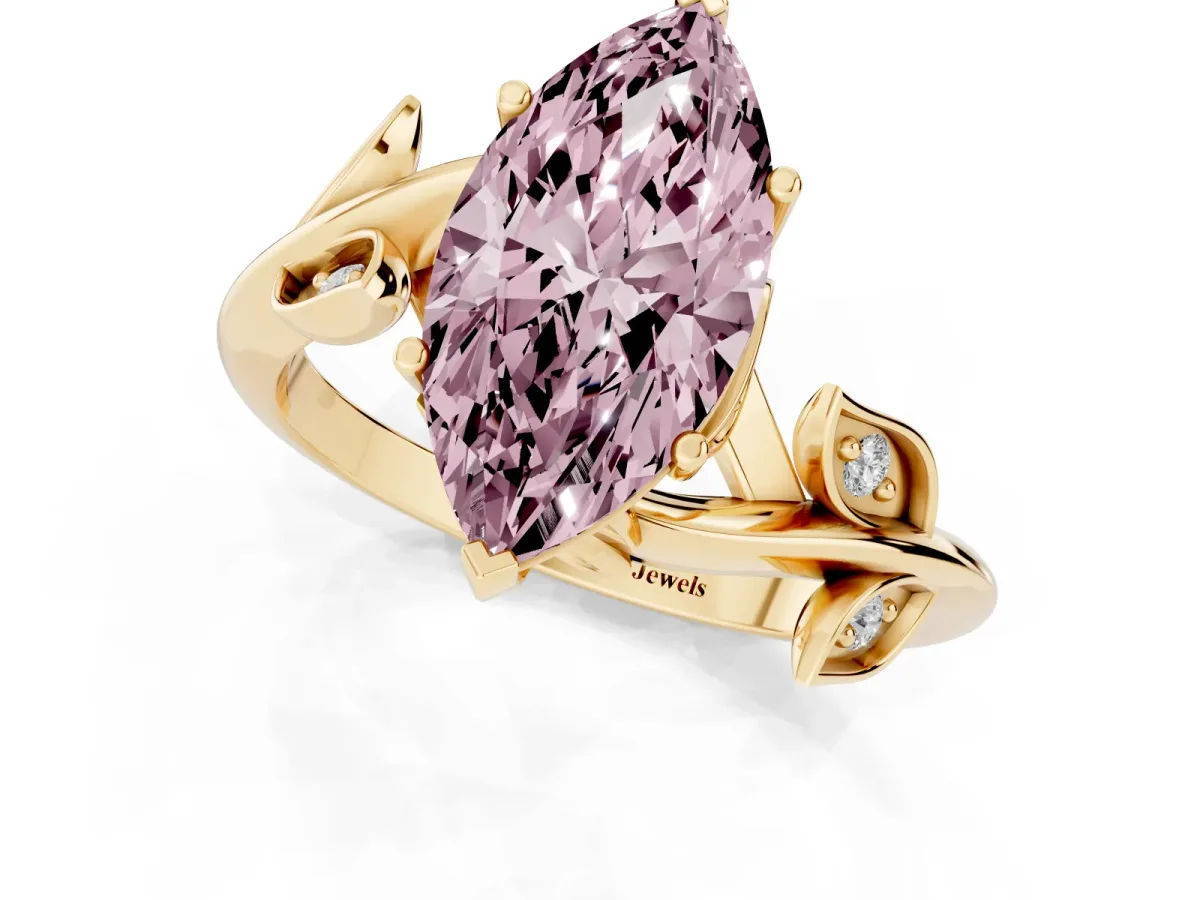 Fancy Pink Marquise Cut Solitaire Twist Engagement Ring with Leaf Accents and Prong Setting Yellow gold