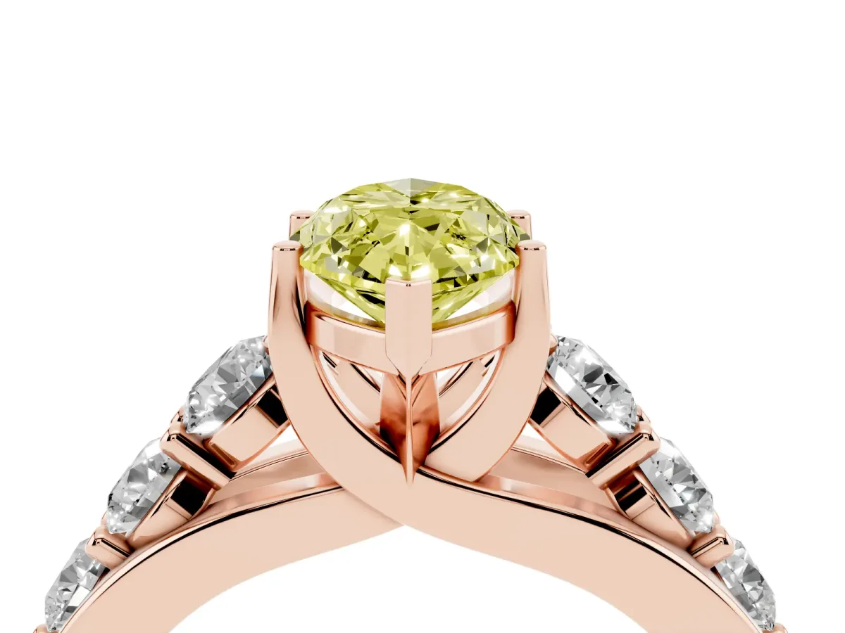 Fancy Yellow Marquise Cut Diamond Engagement Ring with Pavé Band and Four-Prong Setting Rose gold