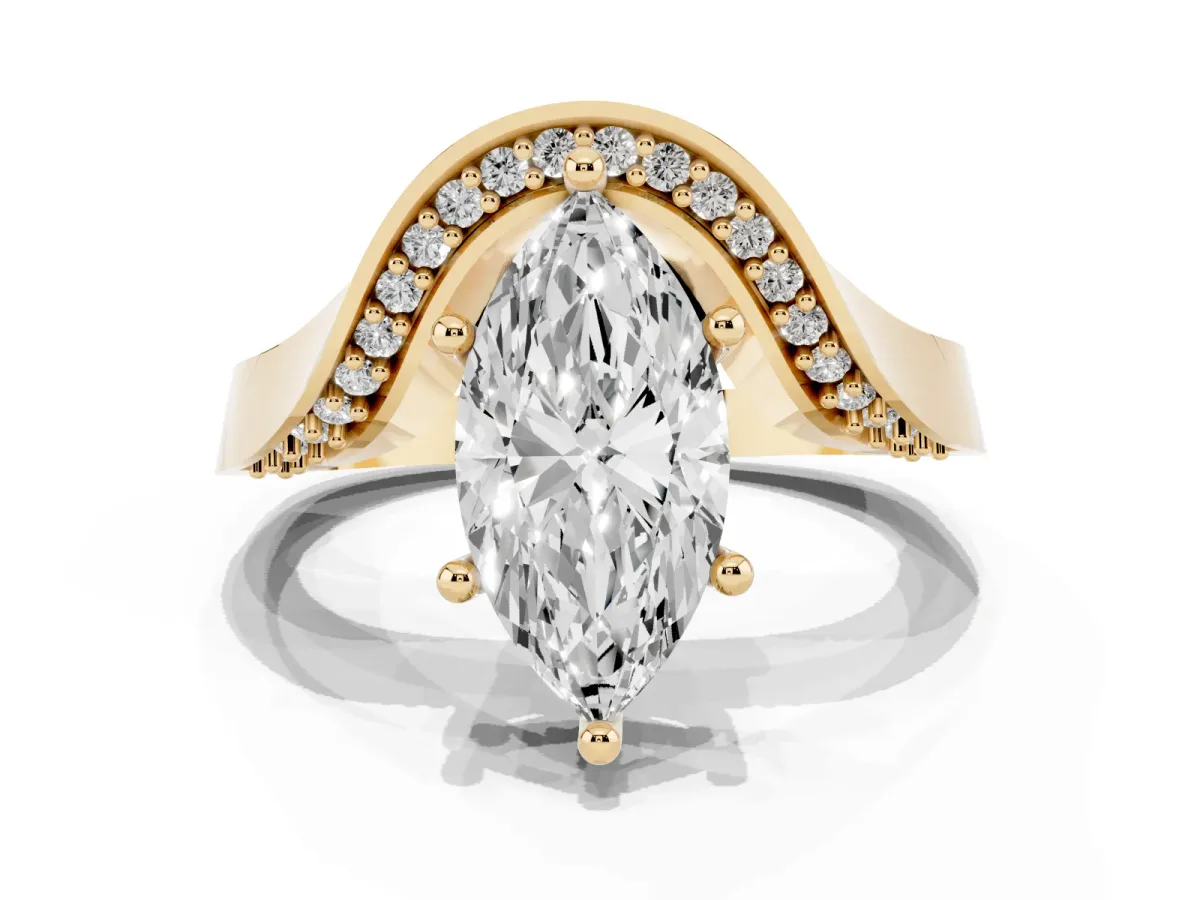Marquise Cut Solitaire Diamond Engagement Ring with Pave Band and Four-Prong Setting Yellow gold
