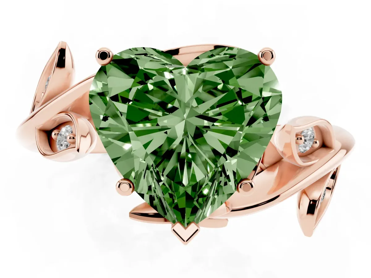 Fancy Green Heart Cut Solitaire Twist Engagement Ring with Leaf Accents and Prong Setting Rose gold
