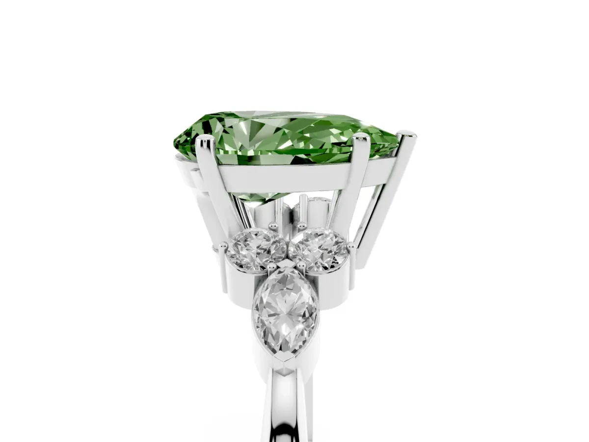 Fancy Green Pear Cut Brilliant Diamond Solitaire Ring with Pear Side Stones and Four-Prong Setting White gold