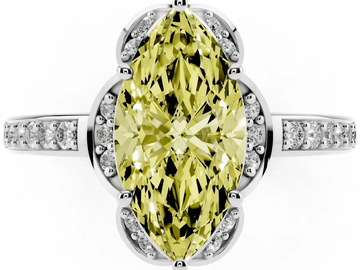 Fancy Yellow Marquise Cut Cut Halo Diamond Ring with Channel Set Band and Four-Prong Setting Platinum