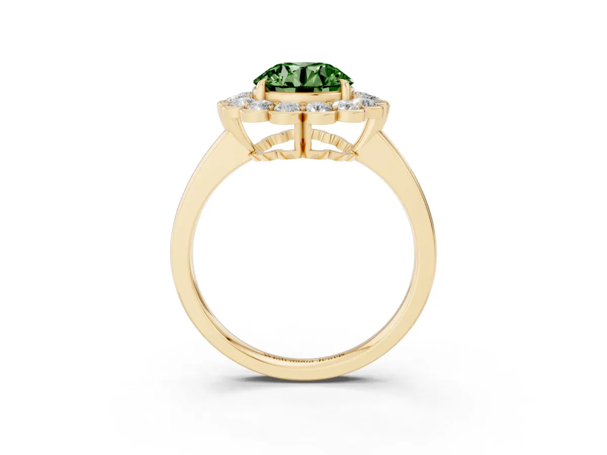 Fancy Green Round Cut Halo Cluster Diamond Engagement Ring with Solitaire Band and Prong Setting Yellow gold