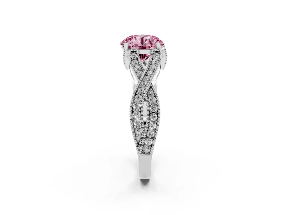 Fancy Pink Round Cut Cut Diamond Twisted Band with Milgrain Pave Setting and Four-Prong Setting Silver