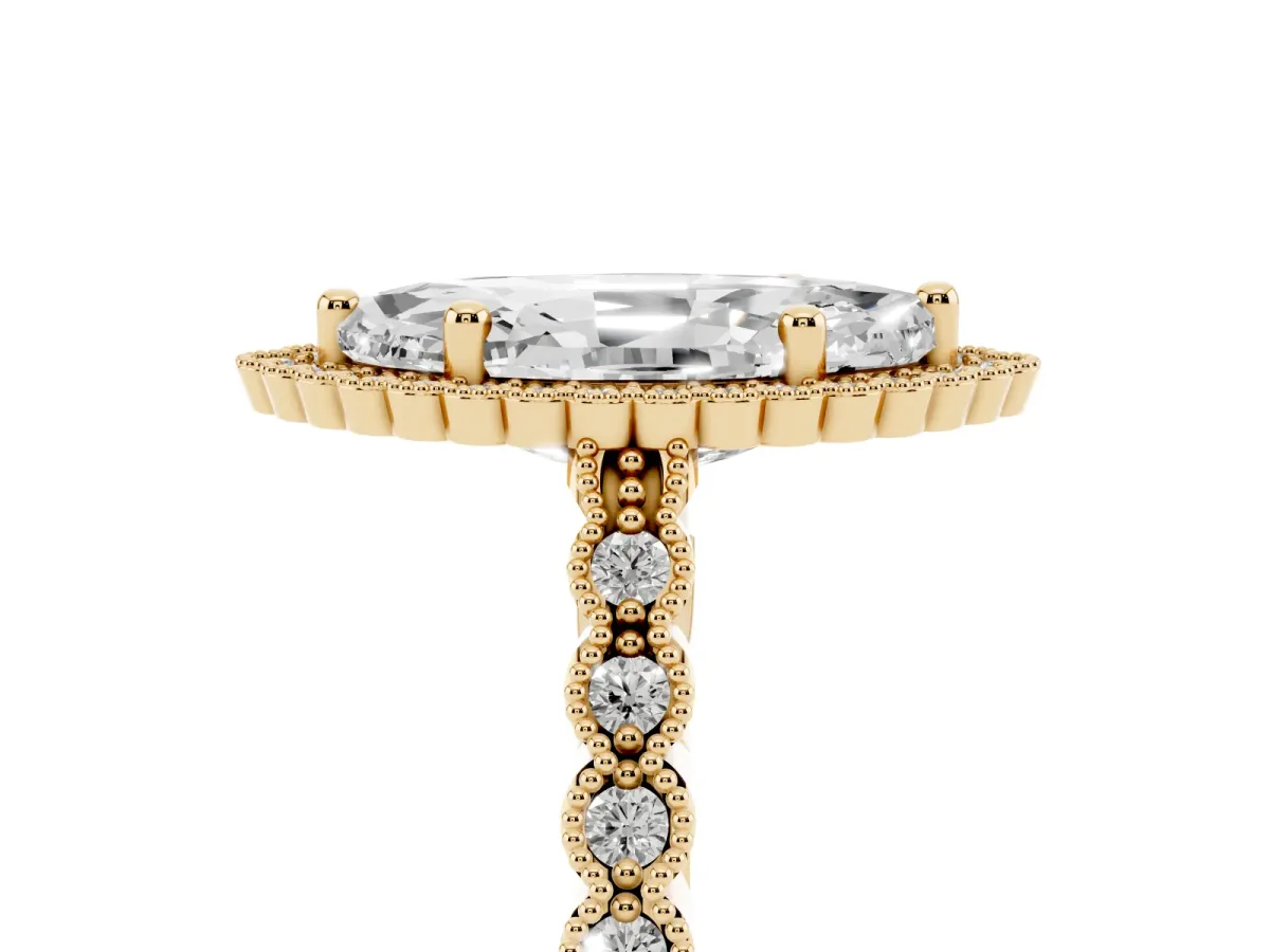 Marquise Cut Cut Halo Pavé Solitaire Ring with Milgrain Band Yellow gold