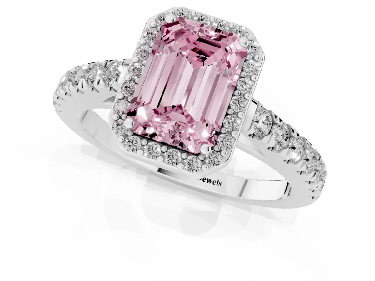 Fancy Pink Emerald Cut Cut Halo Diamond Engagement Ring with Pave Band and Four-Prong Setting White gold