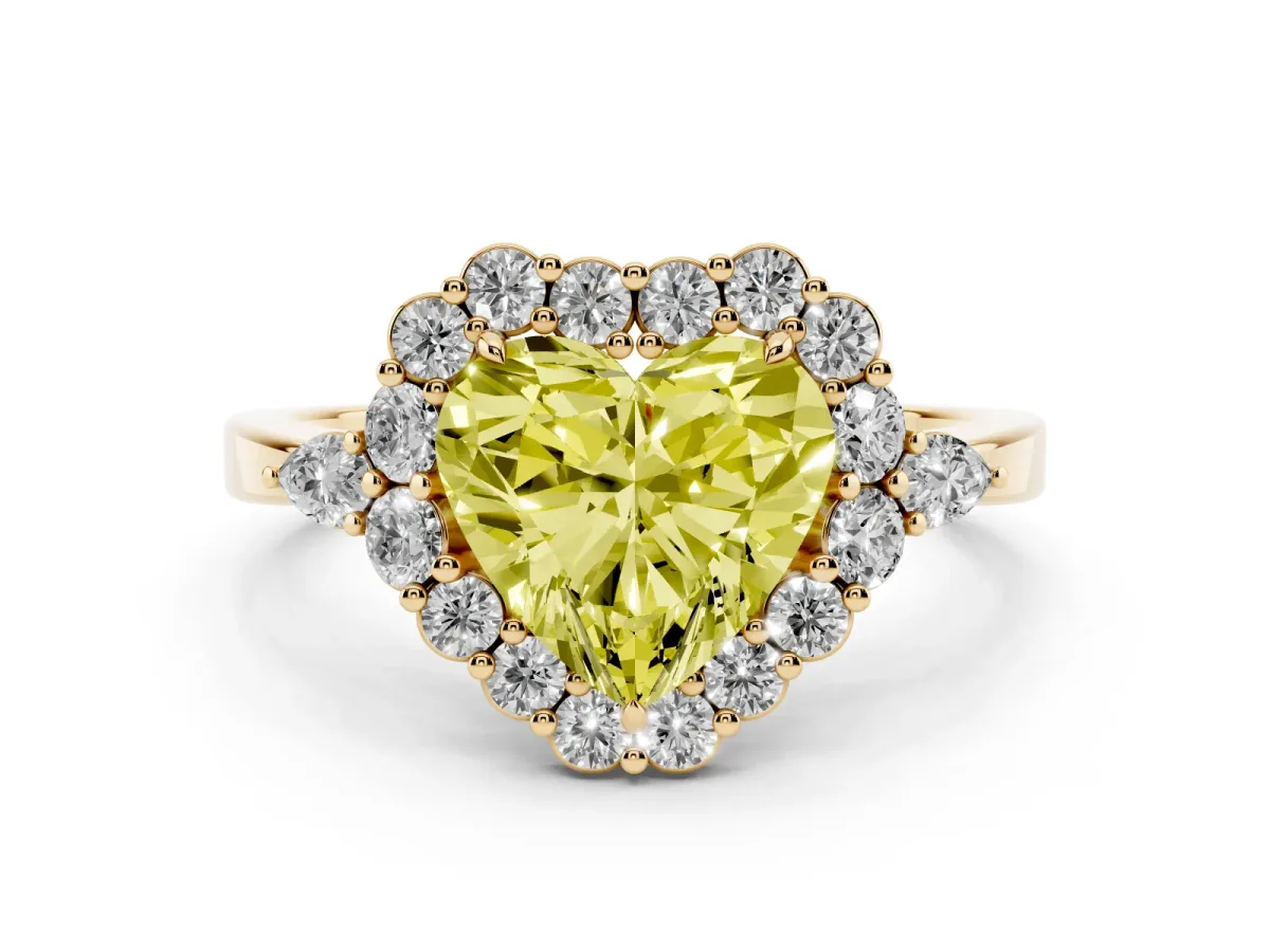 Fancy Yellow Heart Cut Diamond Halo Ring with Pear Side Stones and Prong Setting Yellow gold