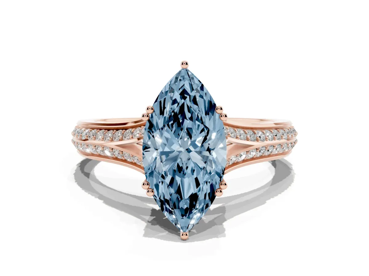 Fancy Blue Marquise Cut Diamond Split Shank Engagement Ring with Pavé Band Rose gold
