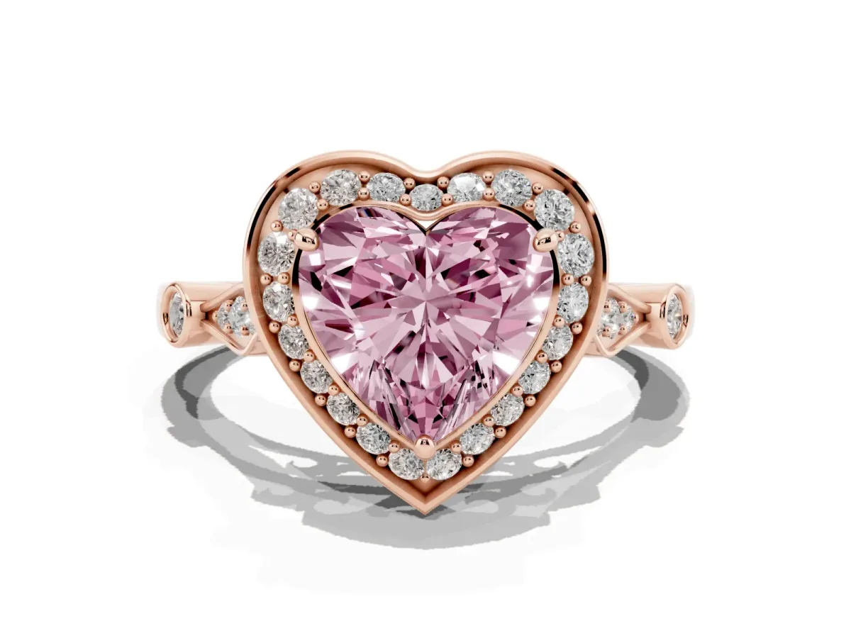 Fancy Pink Heart Cut Halo Diamond Engagement Ring with Twisted Band and Four-Prong Setting Rose gold