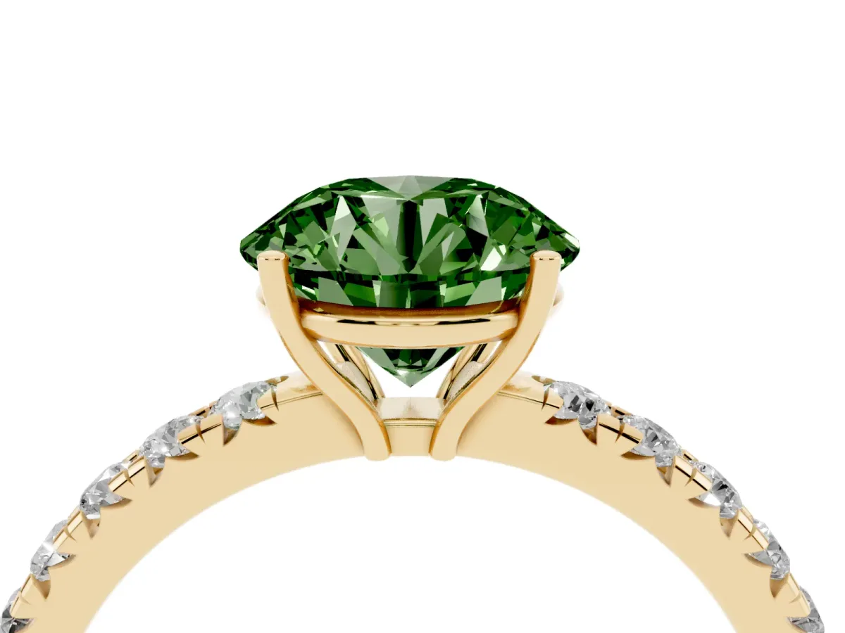 Fancy Green Round Cut Diamond Pavé Solitaire Engagement Ring with Four-Prong Setting Yellow gold