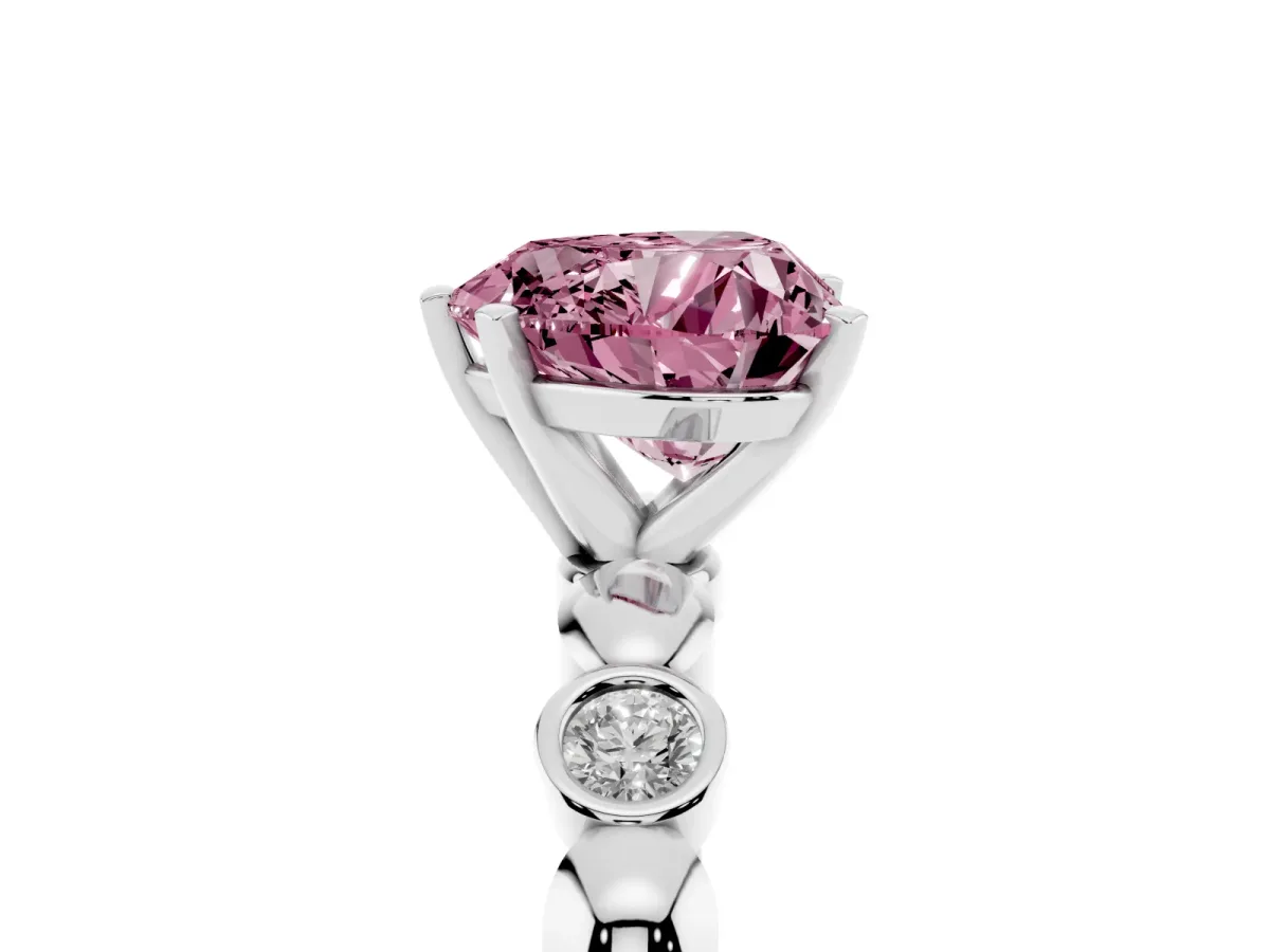 Fancy Pink Heart Cut Solitaire Bezel-Set Diamond Ring with Beaded Band and Four-Prong Setting Silver