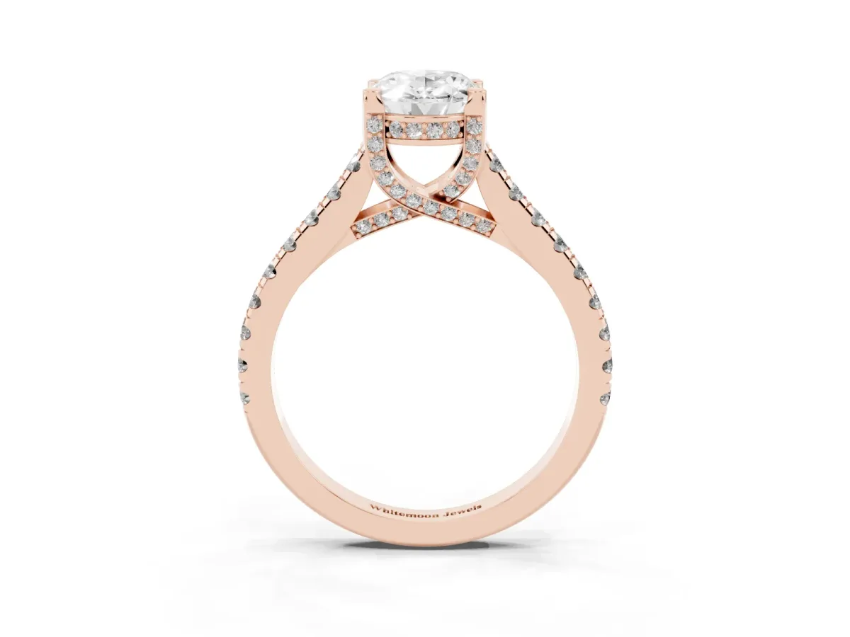 Oval Cut Brilliant Diamond Solitaire with Pavé Band and Four-Prong Setting Rose gold