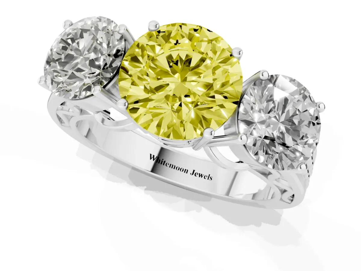 Fancy Yellow Round Cut Diamond Three-Stone Ring with Prong Setting and Textured Band Silver