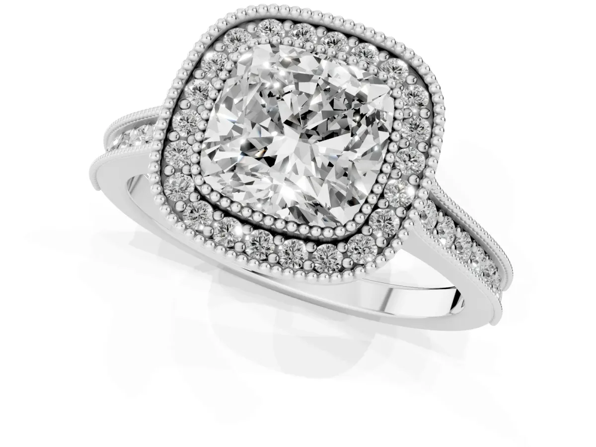 Halo Cushion Cut-Cut Diamond Pave Band Milgrain Prong Setting Ring Silver