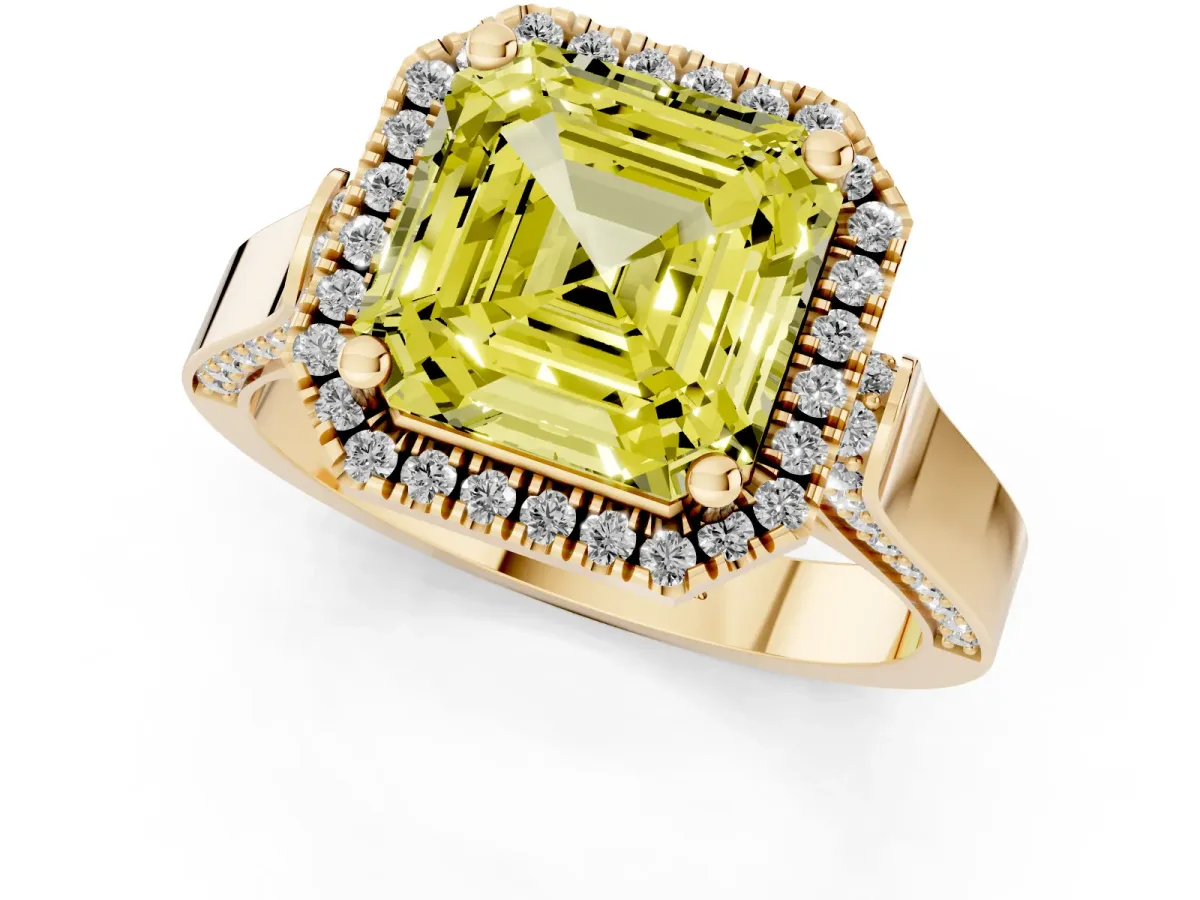 Fancy Yellow Asscher Cut Halo Pave Split Shank Prong Setting Ring Yellow gold