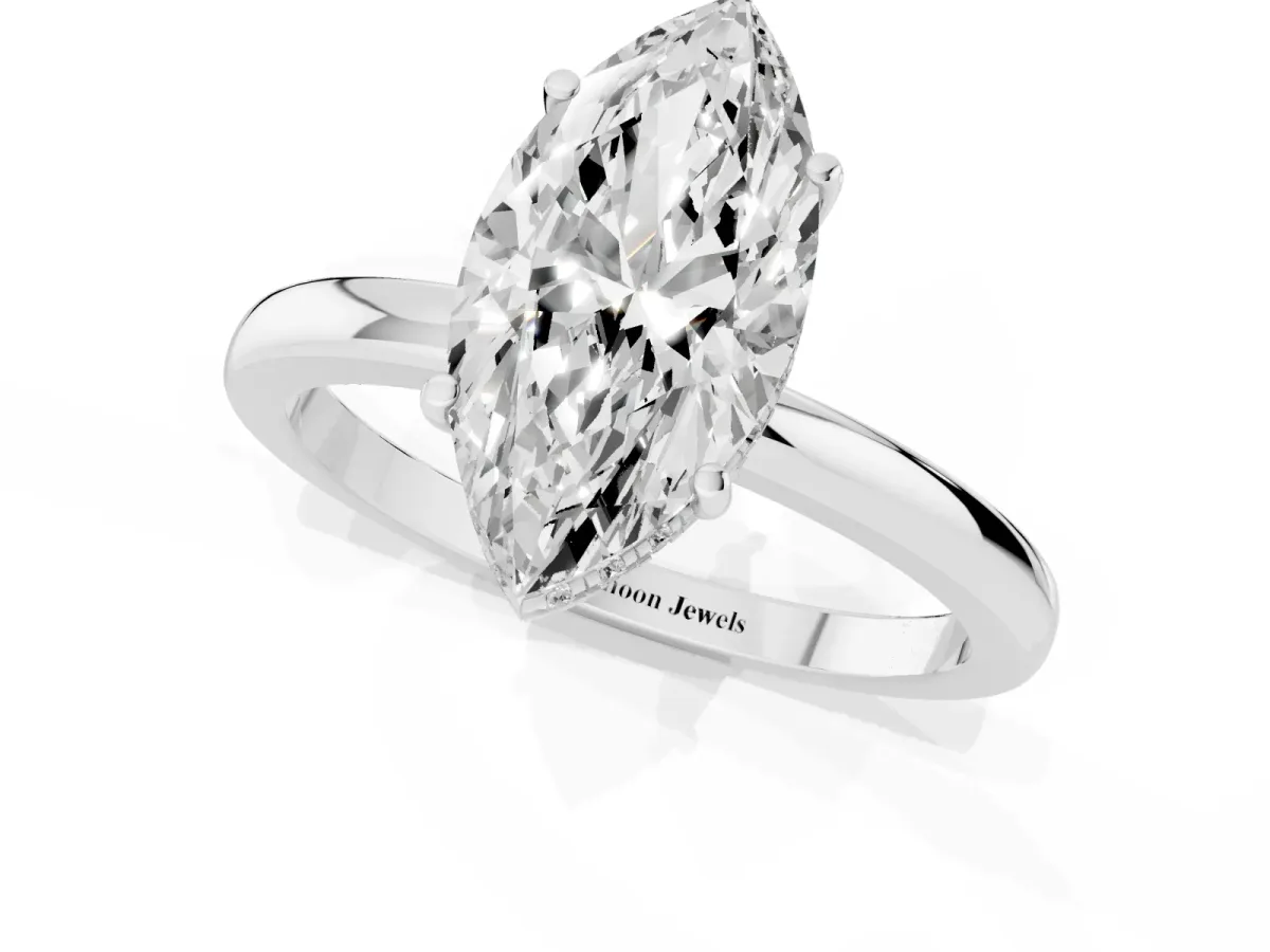 Marquise Cut Solitaire Diamond Ring with Prong Setting and Plain Band Platinum