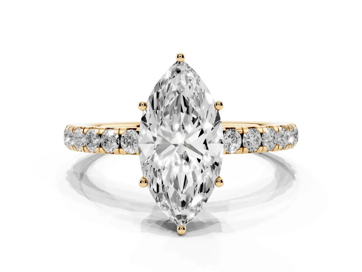 Marquise Cut Diamond Pavé Solitaire Engagement Ring with Four-Prong Setting Yellow gold